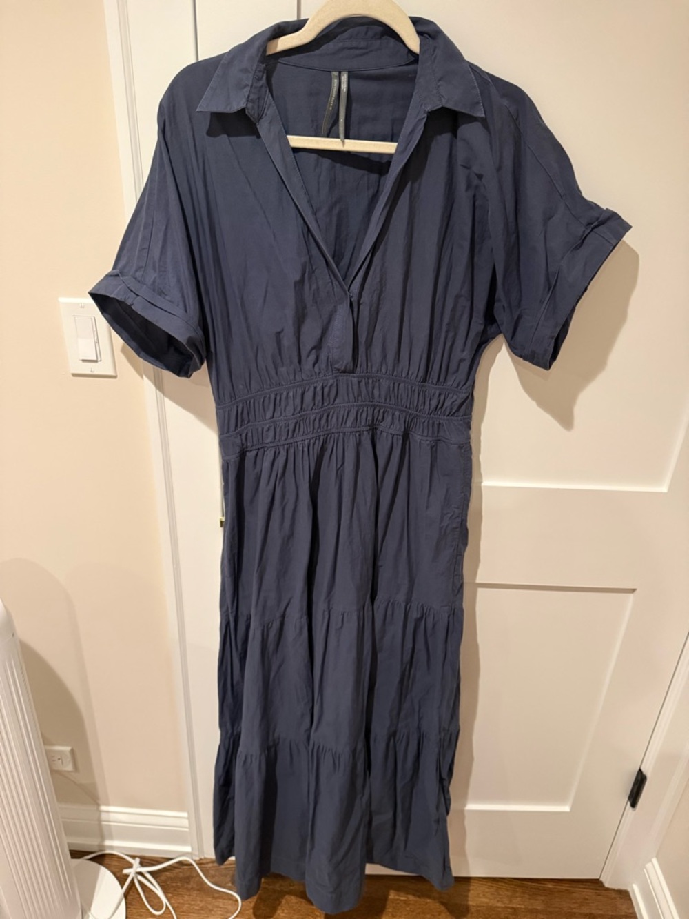 Anthropologie Navy Short-Sleeve V-Neck Tiered Maxi Dress